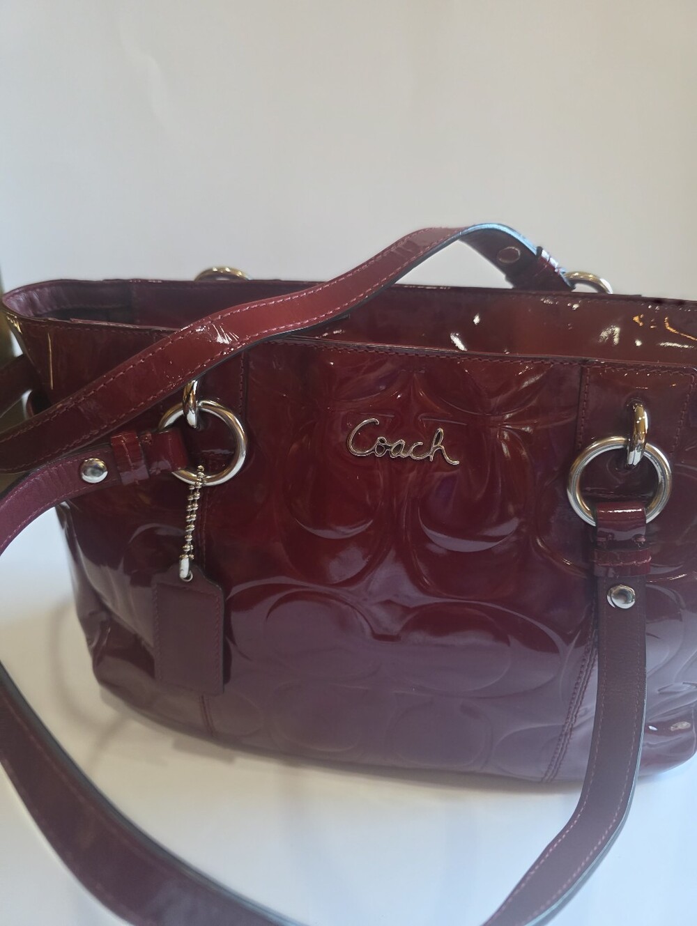 Coach Gallery Signature Patent Leather Tote Bag Deep Red -F17728
